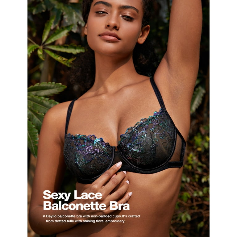 Deyllo Women's Sexy Lace Non Padded Mesh Underwire Demi Unlined Balconette  Bra, Black Gold 38C