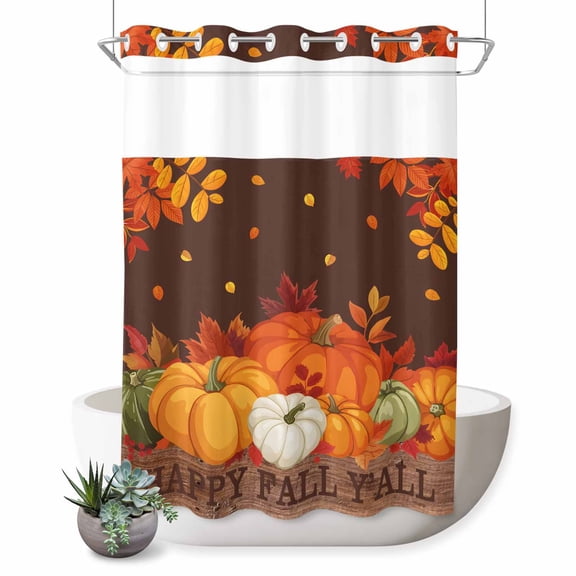 No Hook Shower Curtain with Built-in Rings - Orange Pumpkins Fall Washable Waterproof Fabric Bathroom Curtains for Hotel,Rentals, 72 X 84 Inch Extra Long , Rustic Maple Leaves Brown Farmhouse