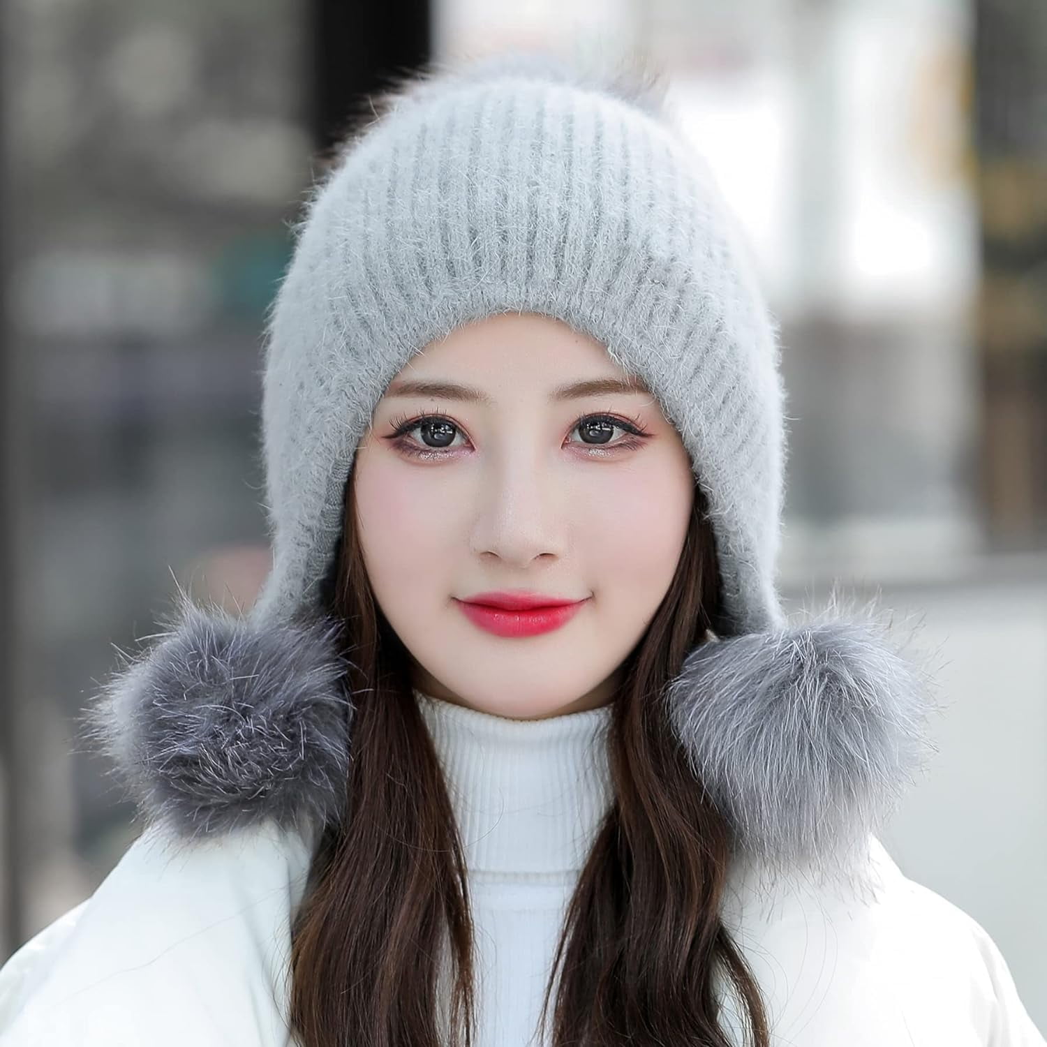 YooGuoGuo Women Winter Beanie Hat Earflap Peruvian Warm Slouchy Fleece Lined 3 Pom Poms Knit Sherpa Fluffy Soft Ski Hats