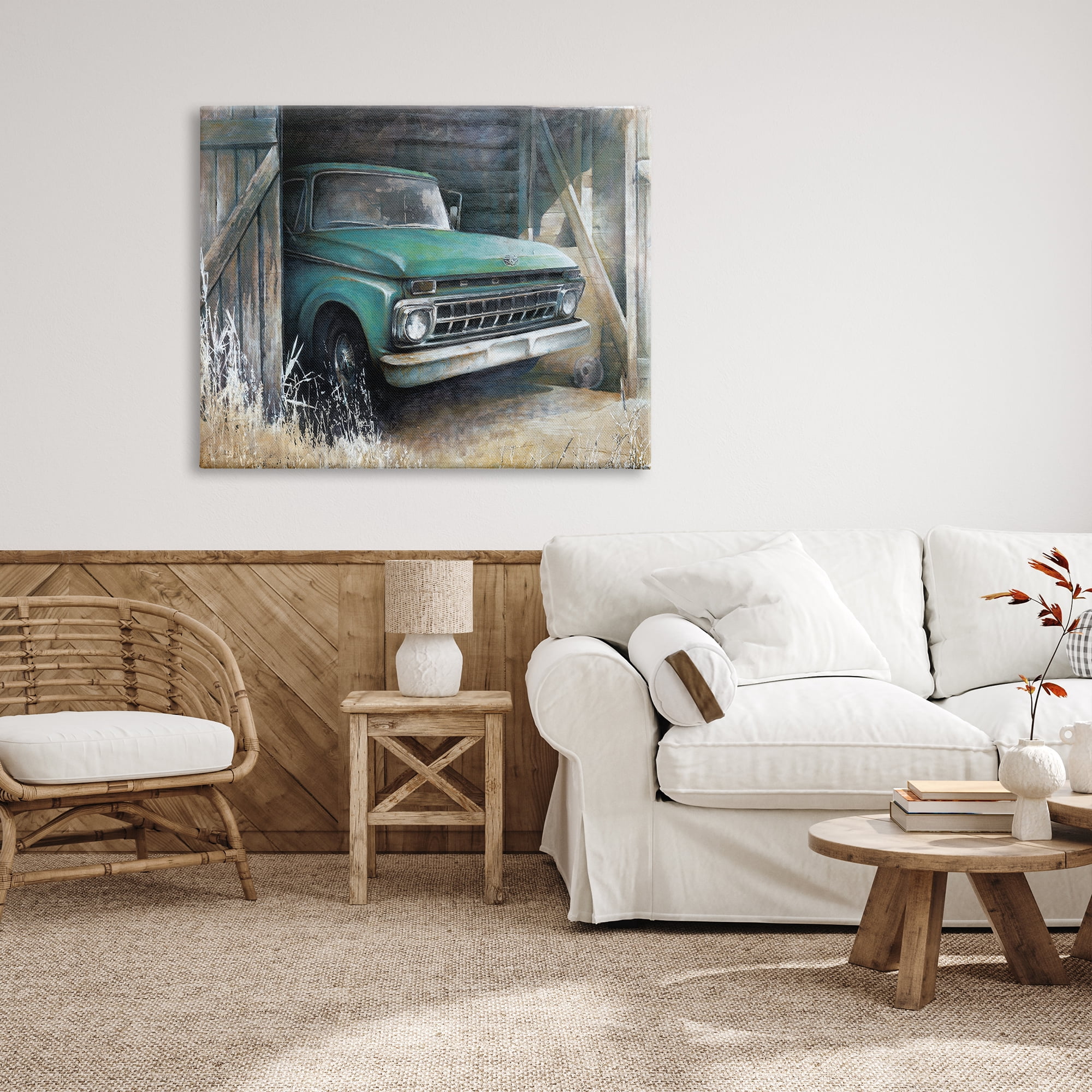 Stupell Industries Weathered Country Barn Vintage Green Pickup Truck Painting Gallery Wrapped Canvas Print Wall Art, Design by White Ladder