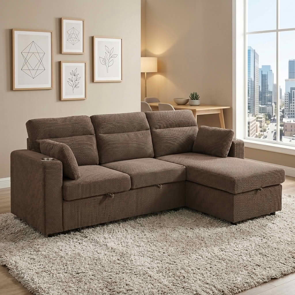 MAYEERTY 82.5 Inch L‑Shaped Pull‑Out Sectional Sofa Bed, Convertible Sleeper Couch with Storage Chaise, Cup Holders & 2 Pillows for Apartments