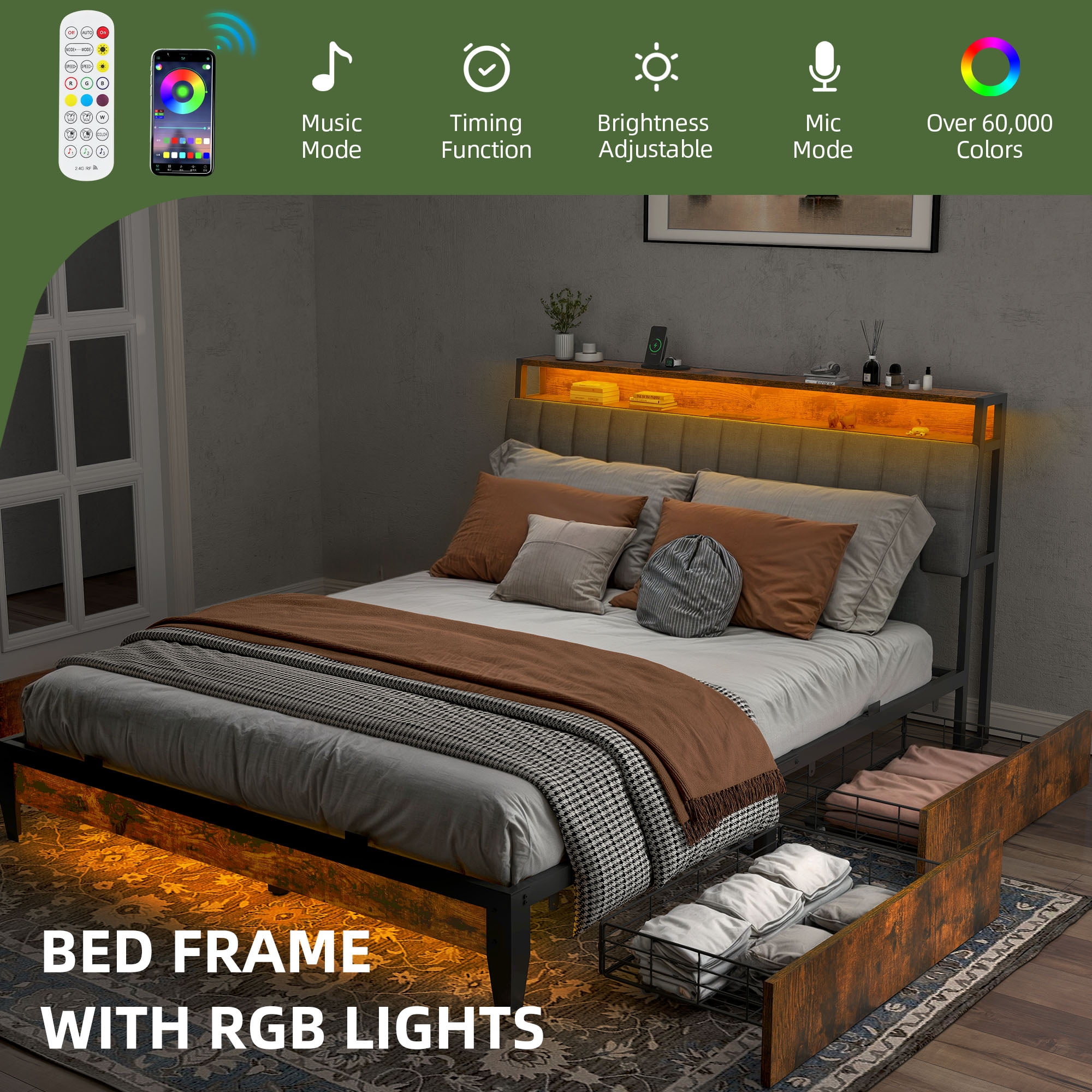 Uforic Queen LED Bed Frame wit 4 Storage Drawers, Upholstered Platform Bed with Charging, Noise-Free, Fast Assembly, Brown