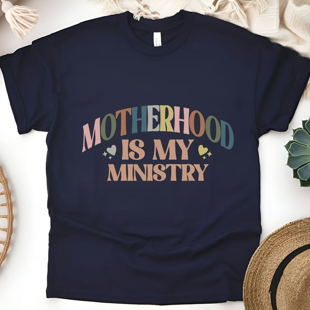Motherhood Is My Ministry Christian Graphic T-Shirt, Navy, Size XL