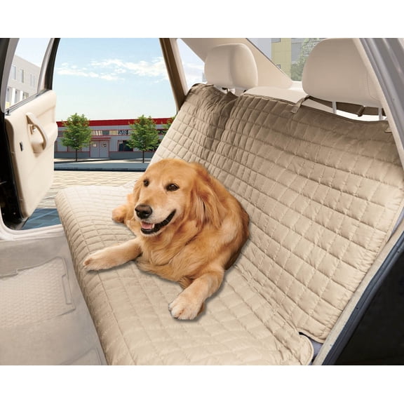 Celine linen Quilted 0 Waterproof Bench Car Seat Protector Cover (Entire Rear Seat) for Pets - TIES TO STOP SLIPPING OFF THE BENCH , Beige