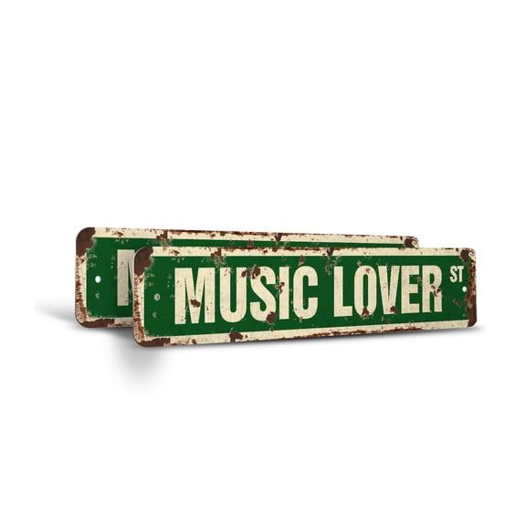 MUSIC LOVER Vintage Style Rustic Street Sign – (2 Pack) Band Singer CD Lesson Teacher Retro Decorative Wall Sign for Home, Bar, Garage, or Outdoor Use | 6" X 24" Plastic Road Sign