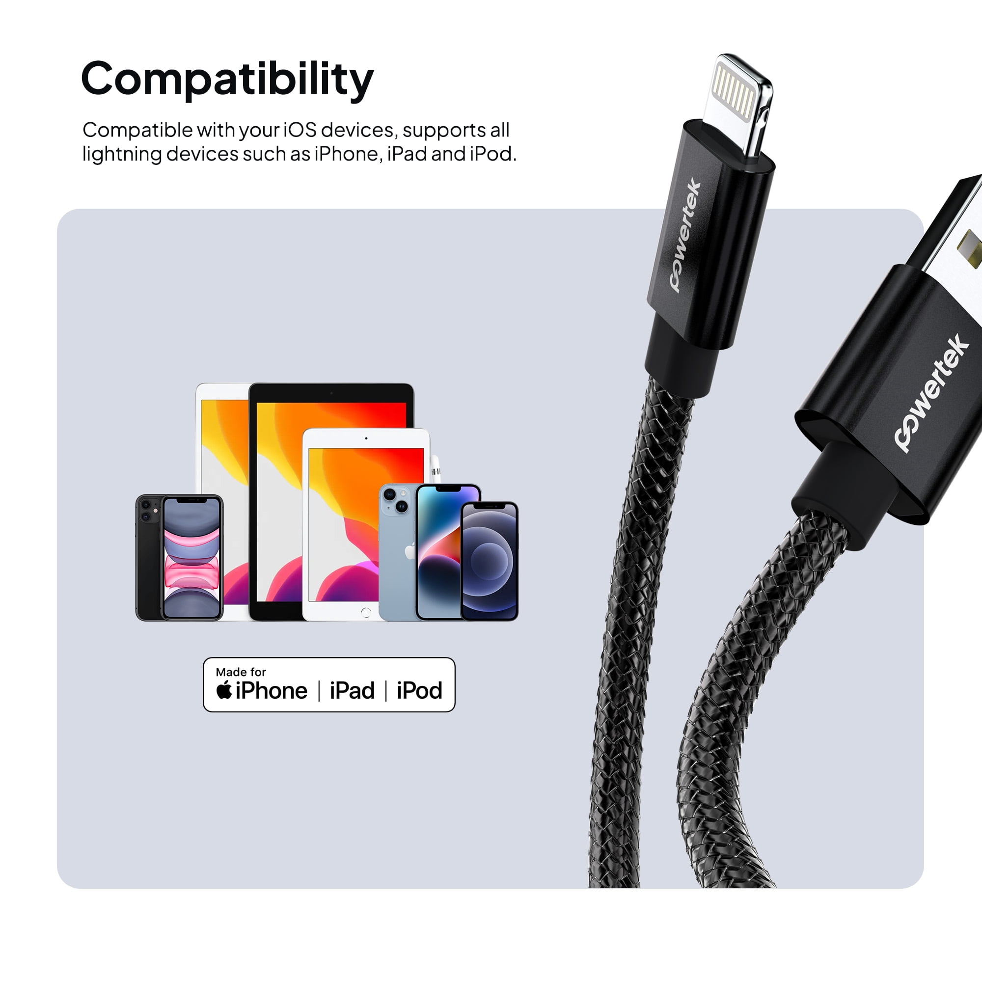 Powertek Luxe 6ft USB-A to Lightning Cable, Black, Fast Charge & Sync, Metallic Mesh PVC Jacket, Durable Tangle-Free Design