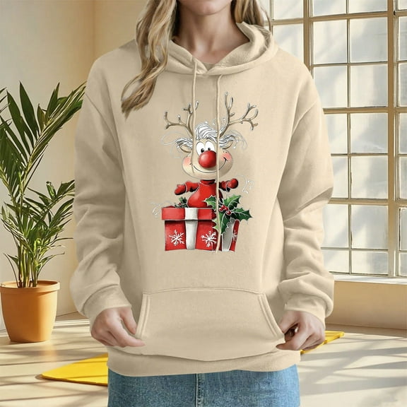 Uootdi Christmas Hoodies for Women Drawstring Gift Funny Graphic Oversized Fleece Sweatshirts Xmas Holiday Sweater