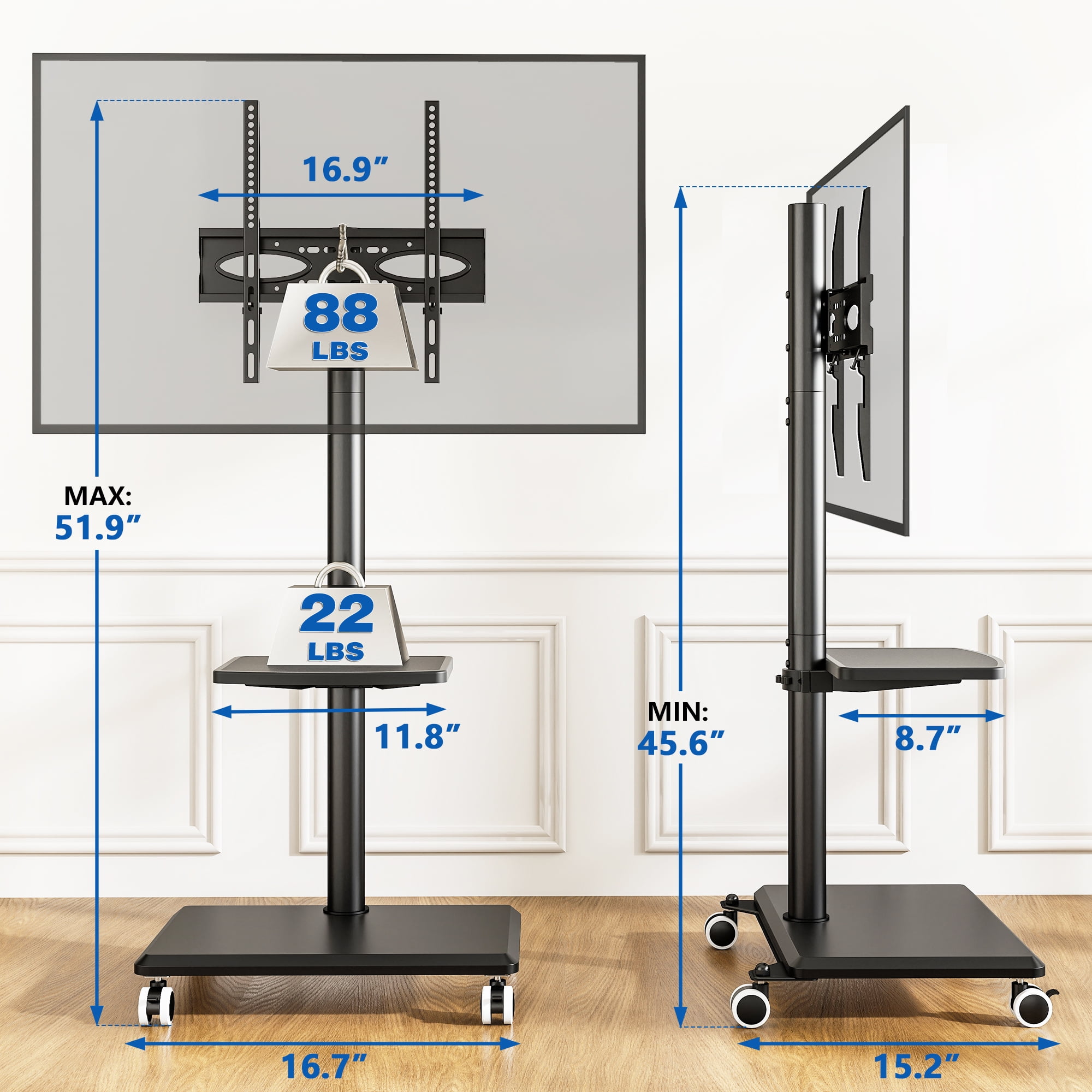 TAVR Furniture Rolling TV Cart Stand with Mount for 32-65 inch Screens, Corner Swivel TV Mount Stand with Rack Shelf