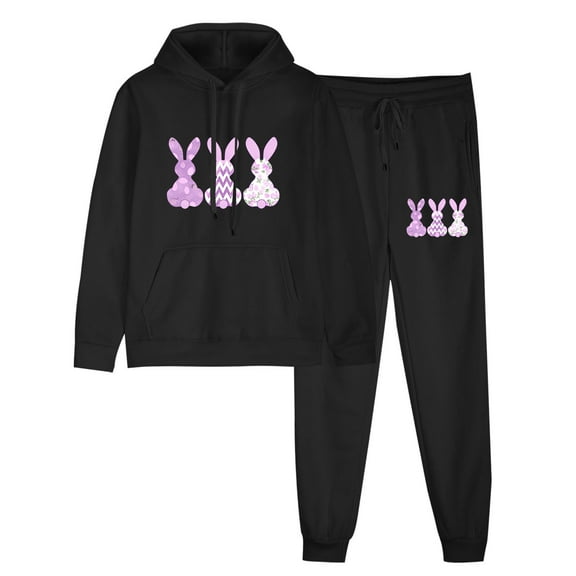 VBVC No Boundarie Women's Plus Size 2 Piece Sweatsuits,Ladies Easter Print Matching Lounge Sets,Drawstring Pullover Hoodies For Women,Black,Size M