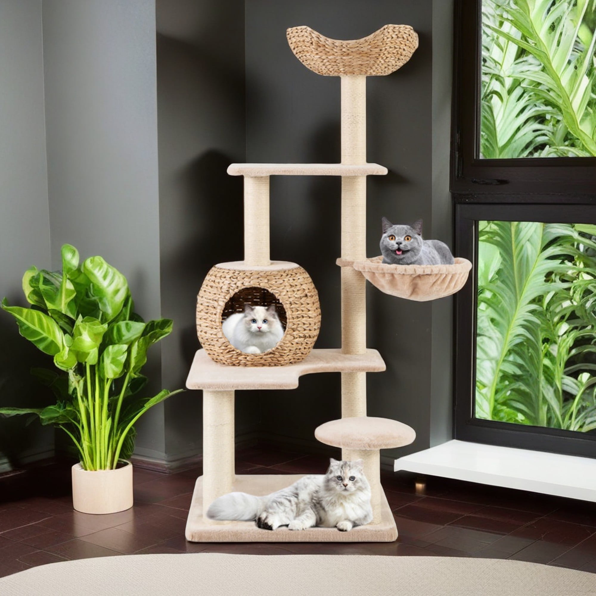 Kadyn 59" Modern Cat Tree Tower for Indoor Cats w/Natural Sisal Scratching Posts, Hand-Woven Condo and Top Perch, Cat Tree House for Kittens Climb Play, Beige