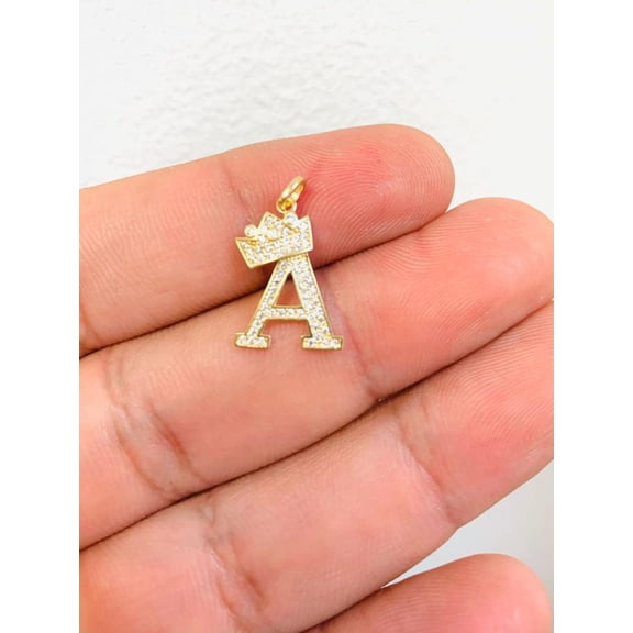 Cubic Zirconia "A" Initial with Tilted Crown Necklace Charm in 14K Gold / Charm Initials Letters Pendants