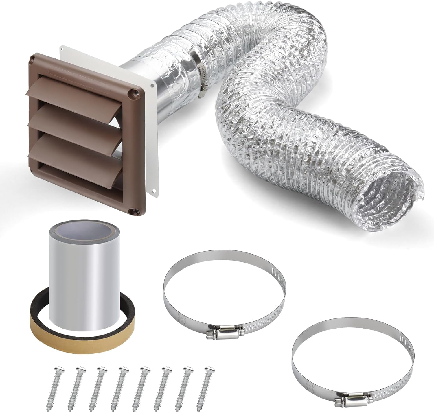 Dryer Vent Kit with Hose/Duct Connector/Wall Plate,4Inch Dryer Wall Vent HoseConnector Wall Duct Kit for Bathroom Ventilation Fan Exhaust,Ceiling Washer Air Circulation,Brown Louvered Dryer Vent Hood