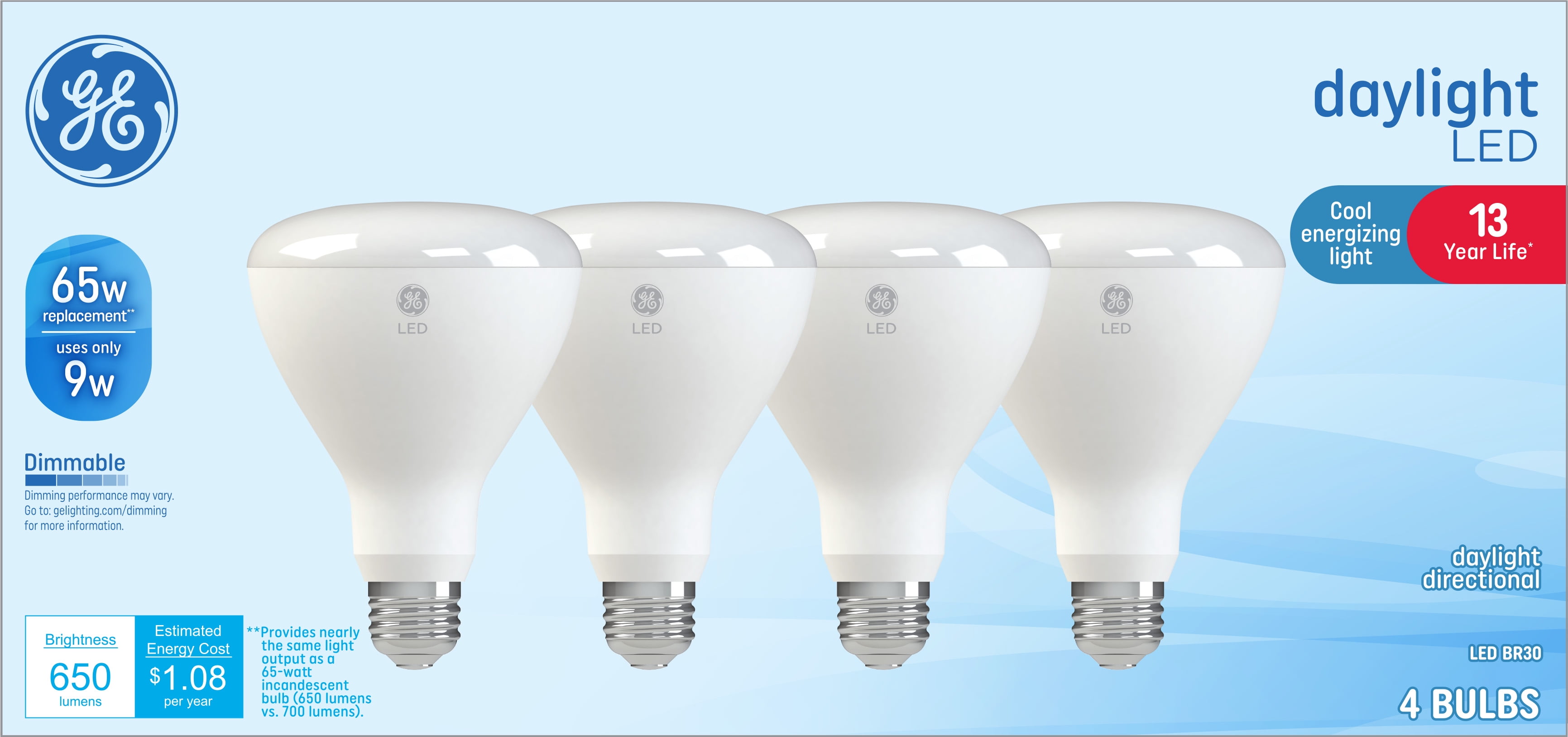 GE Daylight LED Floodlight Bulbs, 9 Watt (65 Watt Equivalent) Medium Base, Dimmable (4 Pack)