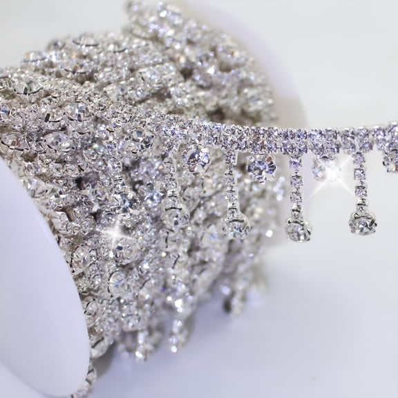 TUWAFE 1 Yards Rhinestone Trim Crystal Rhinestone Chain Silver Fringe Sewing Dress DIY Party Wedding Bouquet for Decoration Bridal Costume Embellishment Clothing Accessories
