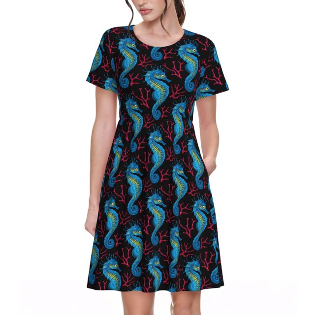 Bixox Robe d'Été à Manches Courtes pour Femmes Robe Ample Longueur Genou avec Poches-Bleu Hippocampe