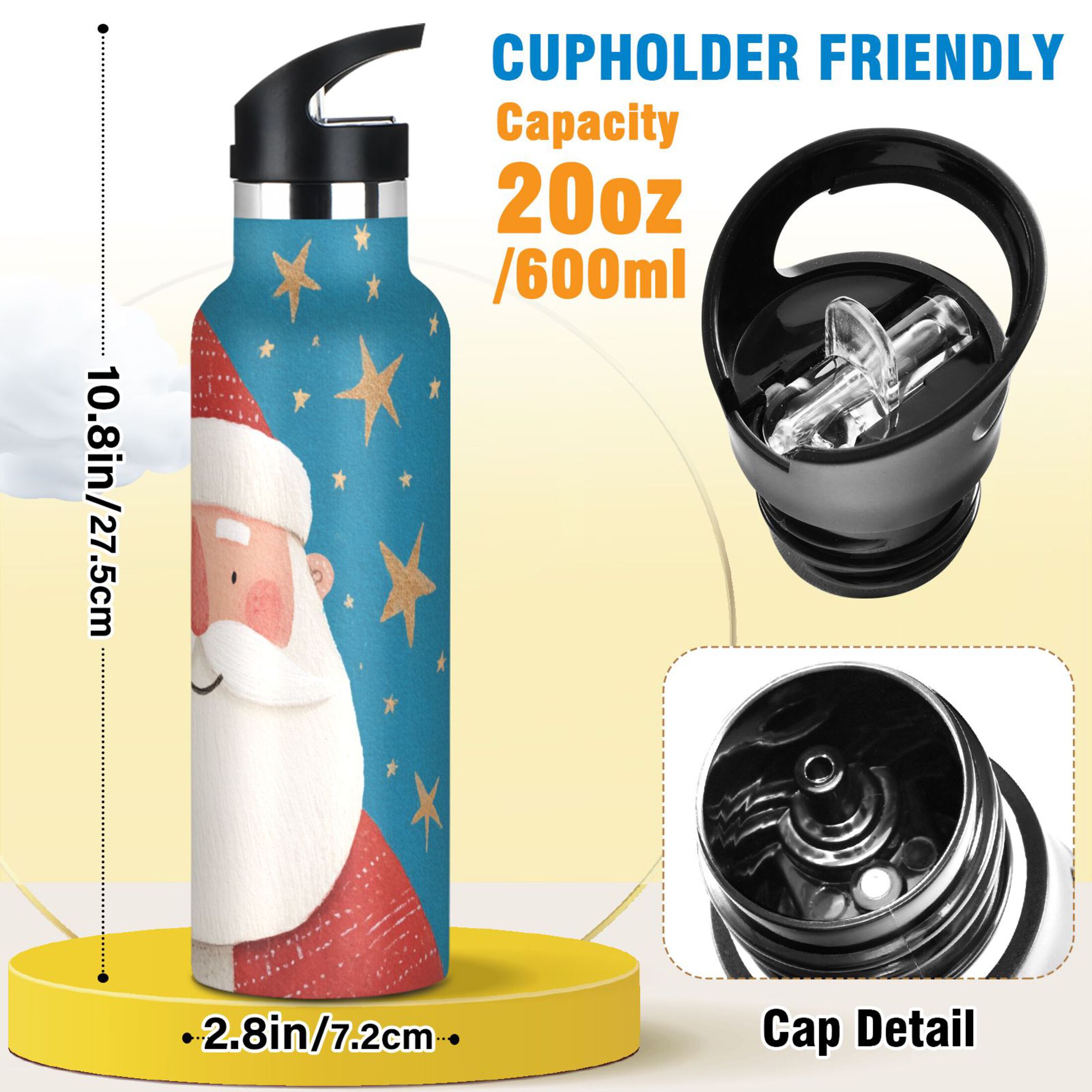 600ML Stainless Steel Insulated Cup Sports Water Bottle Portable Thermos Cup Water Glasses Insulated Tumblers Convenient and Durable Blue Santa Claus
