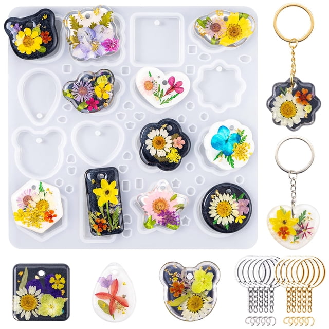 Moldes de silicona para llaveros de resina LET'S RESIN, 16 cavidades con orificio