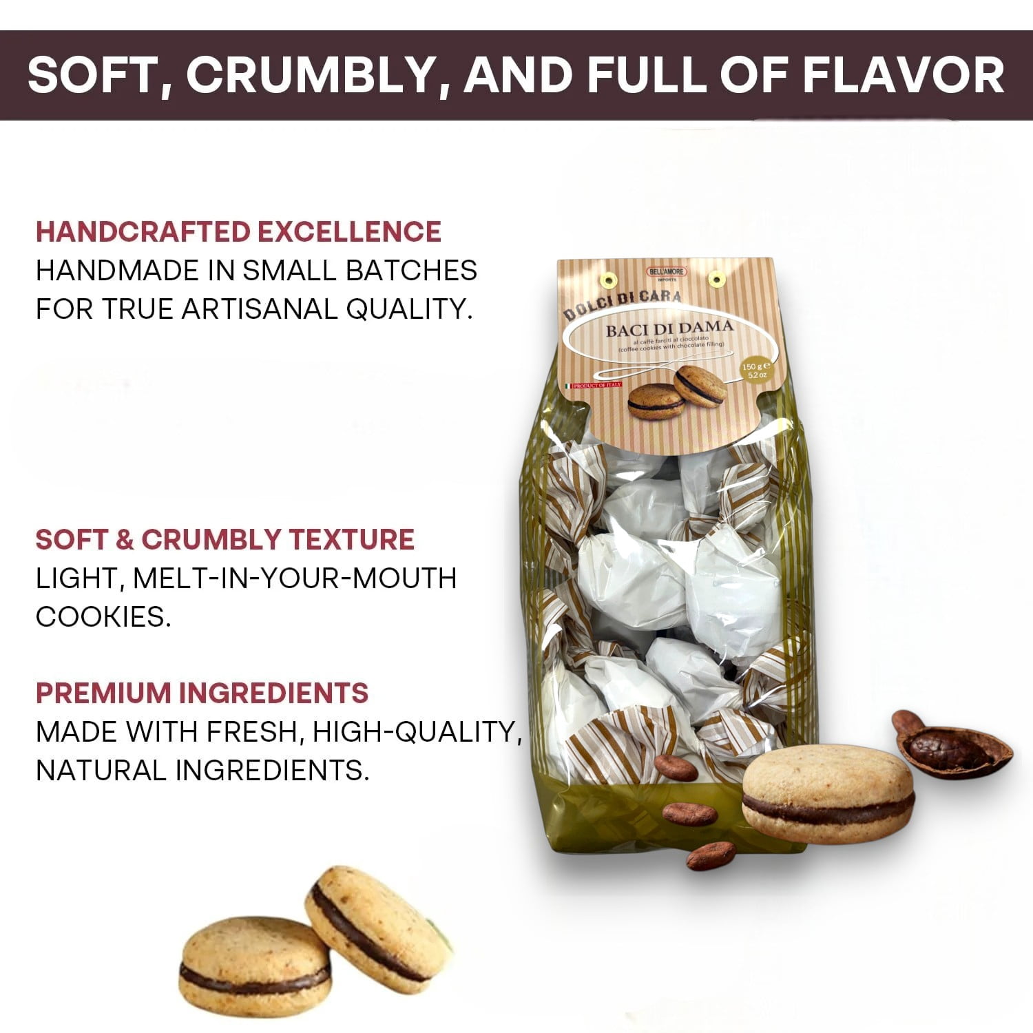 Italian Cookies, Hazelnut Cookies Filled with Rich Chocolate Filling, 300g (2 x 150g bags), Made in Italy - Baci Di Dama