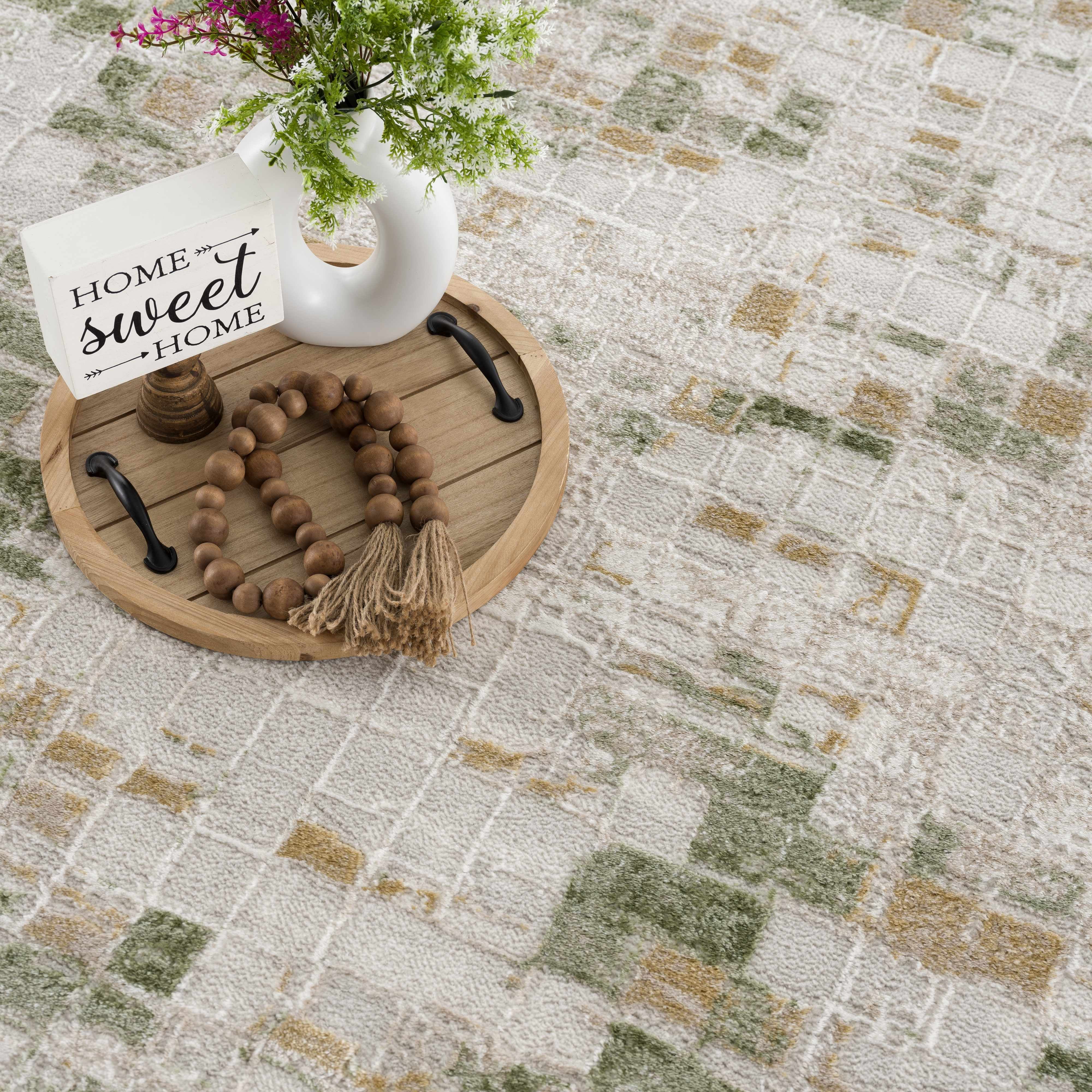 Hauteloom Liverpool Modern Abstract Bedroom Living Room Area Rug - Square Tile Carpet - Contemporary Bohemian Farmhouse - Green, Brown, Cream, Beige, Ivory - 7'10" x 10'