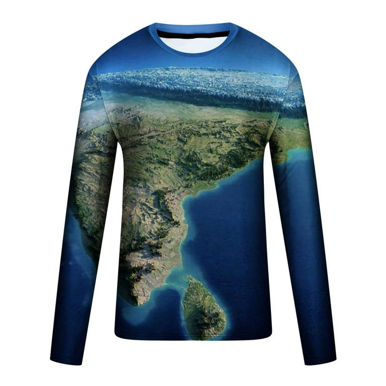 IROINNID Mens Long Sleeve T Shirts Graphic Print Comfy Round Neck Pullover  3D Printed T-Shirt Blouse Tops Deals,Blue 