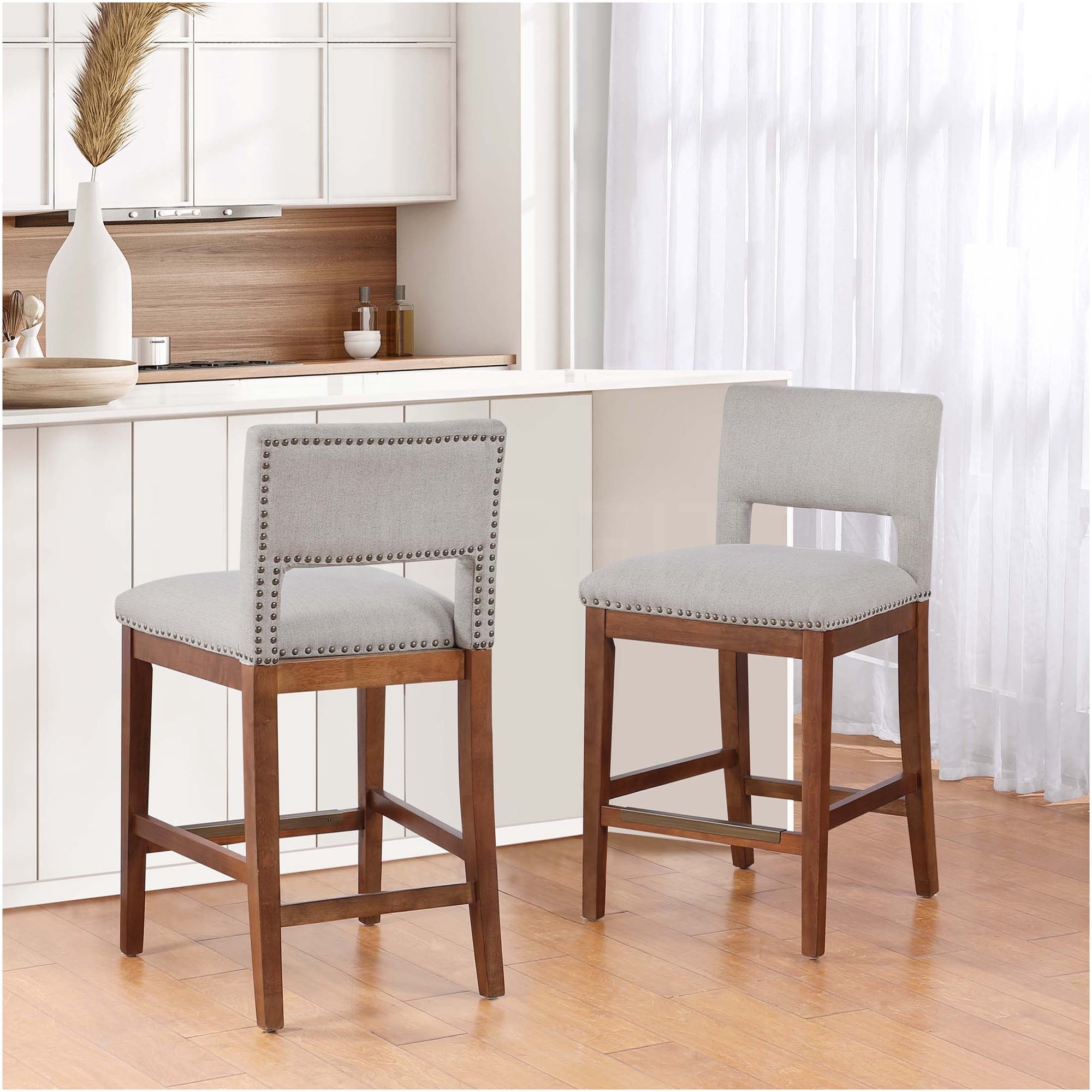 JERFIT Modern Farmhouse Bar Stool with Padded Seat and Metal Studs Accent Brown and Light Gray Upholstered Counter Stool for Kitchen Island Dining & Home Decor