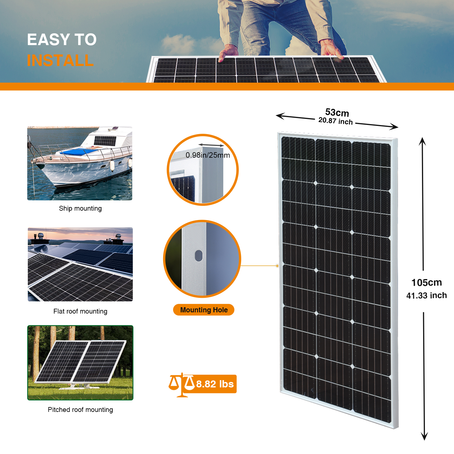 100 Watt Glass Solar Panel 12V/24V Monocrystalline Cell High Efficiency Modules Photovoltaic Chargers Home Camping RV Batterie Boat Caravan and Other Off-Grid Application Solar Panel