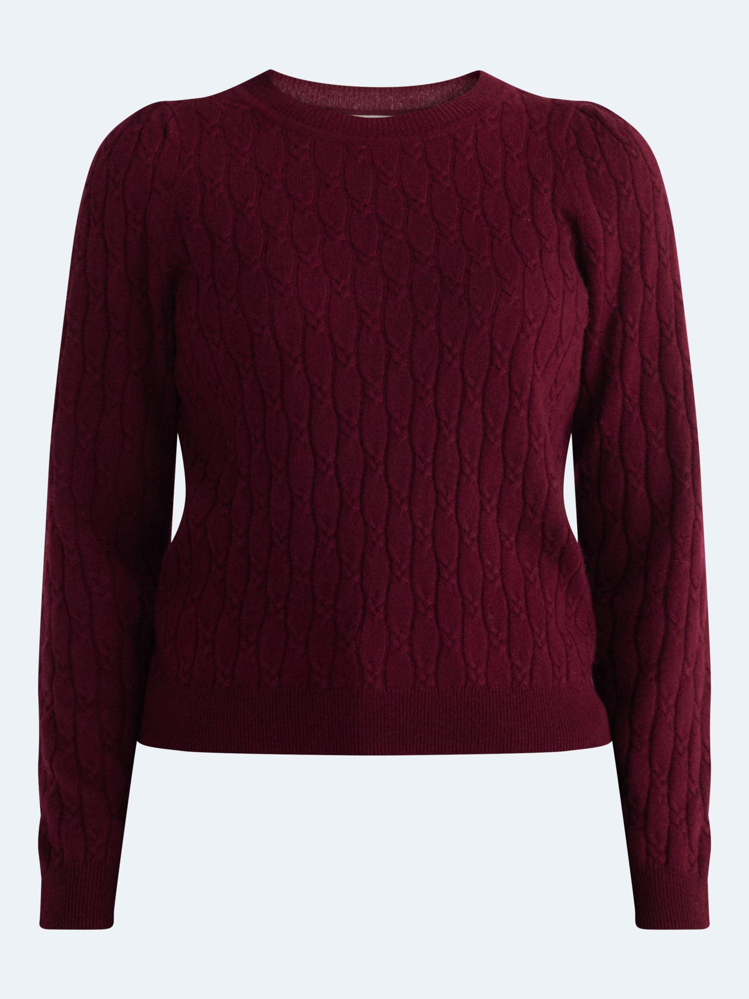 Free Assembly Women's and Women's Plus Cashmere Cable Knit Sweater with Puff Sleeves, Midweight, Sizes XS-4X