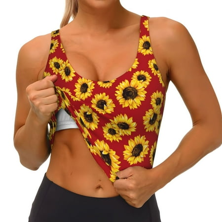 Qokaie Sunflowers On Red Pattern Womens Scoop Neck Sports Bra Breathable Workout Vest Padded U Back Medium Impact Fitness Gym Yoga Bra Workout Crop Top