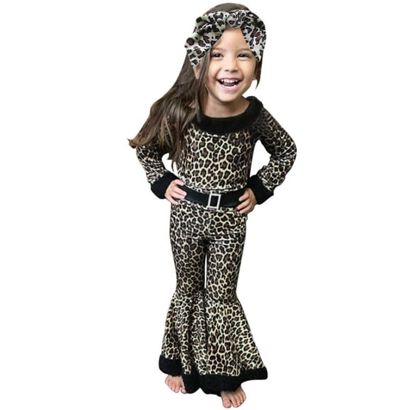 Glisme Baby Girl Outfits Toddler Kids Leopard Print Long Sleeve Tops Flare Pants Set With Headband 3 Pack Set Comfortable Girls Clothing Grey Size 3-4 Years