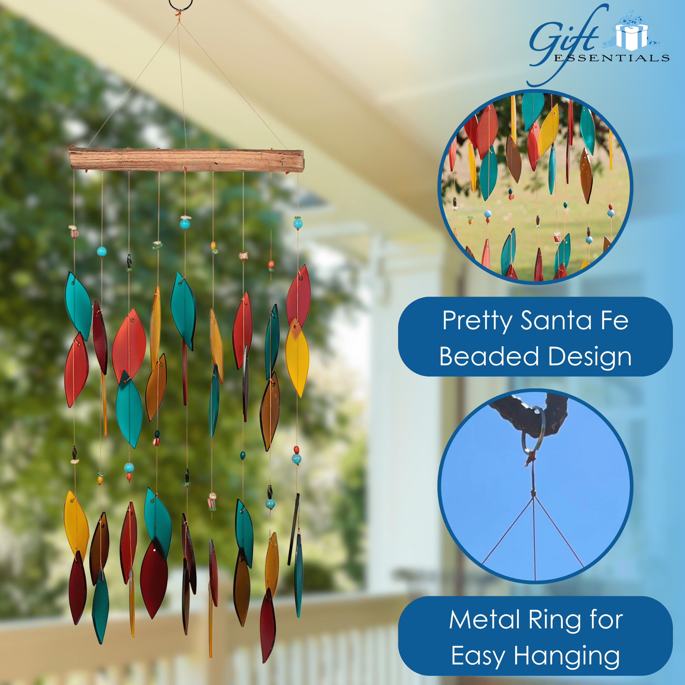 Blue Handworks Santa Fe Colors Beaded Glass & Driftwood Wind Chime - Sandblasted Glass and Found Wood Handcrafted Outdoor and Garden Windchime