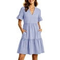 thumbnail image 2 of Long Sleeve Dress for Women Ndbuld Women's Summer Striped V-neck Pleated Casual Mini Beach Dress With Pockets Blue M, 2 of 9