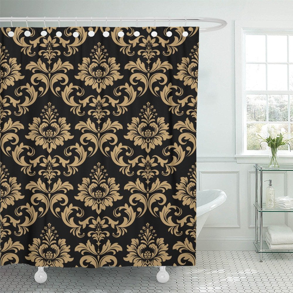 Gold Confetti on Black Waterproof Bathroom Decor Fabric Shower Curtain 71inch 