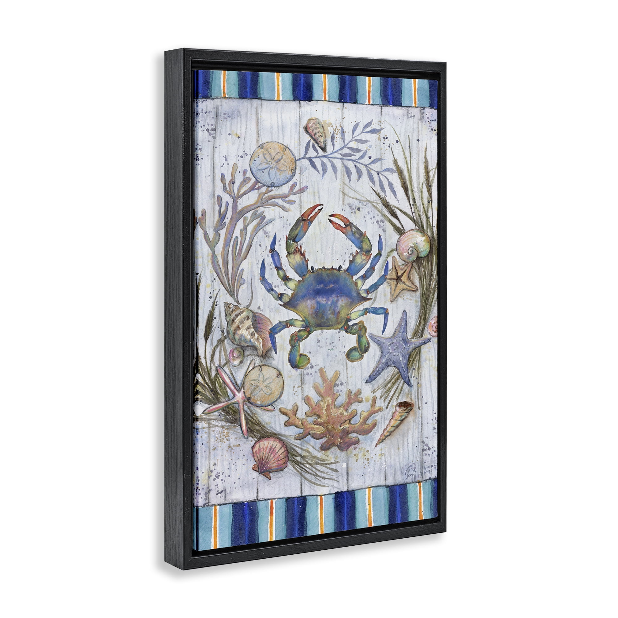 Stupell Industries Coastal Wreath & Crab Nautical & Beach Painting Black Floater Framed Canvas Art Print Wall Art, 17 x 25