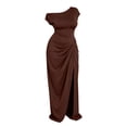 thumbnail image 5 of Women's Plus Size One Shoulder Midi Dress Ruched Split Short Sleeve Bodycon Dresses Coffee L(L), 5 of 6