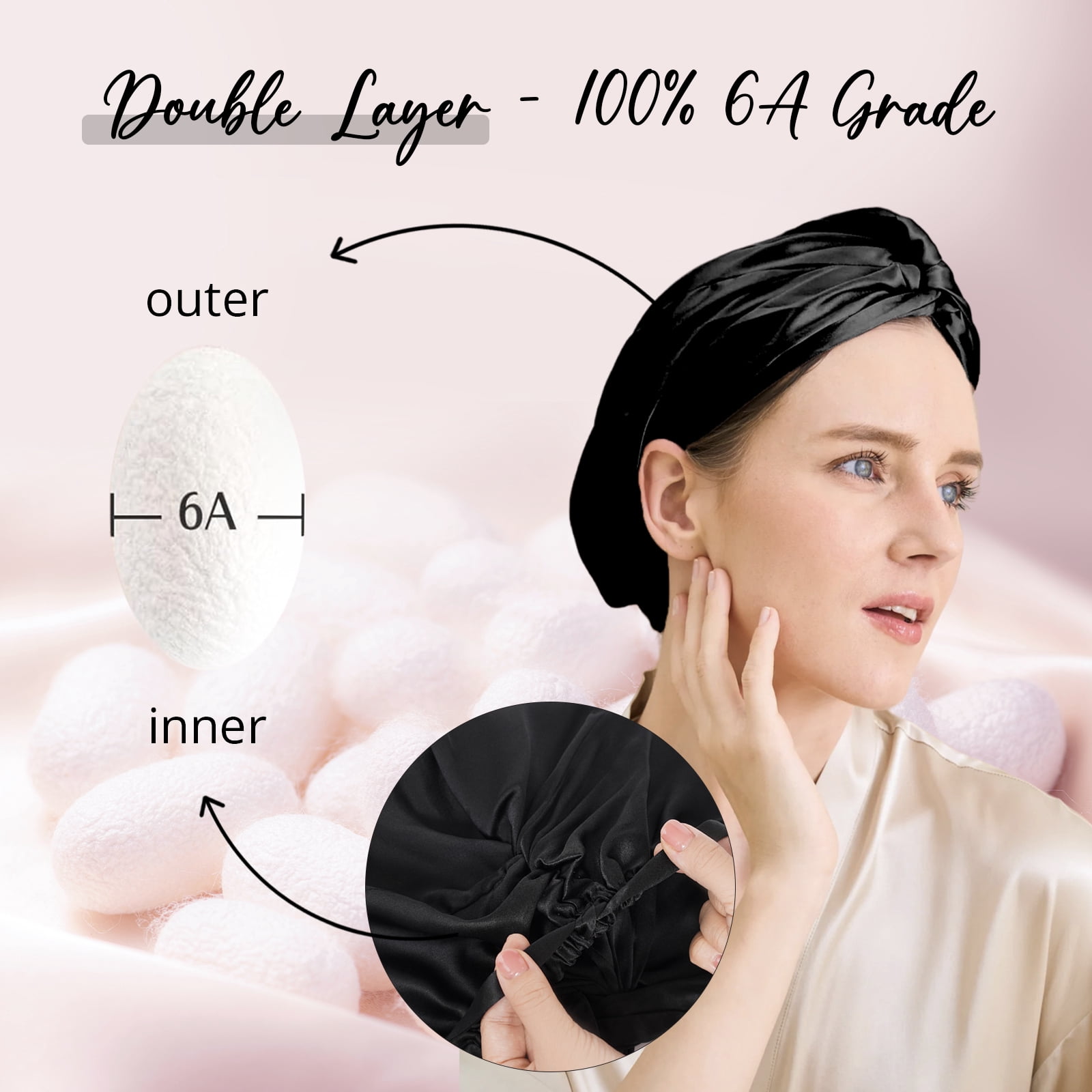 WIGI 100% Mulberry Silk Bonnet with Scrunchie Gift for Women, Silk Bonnet for Sleeping, Shower Cap Hair Bonnet, Silk Hair Wrap for Hair Care (100% Mulberry Silk (Bow design), Black)