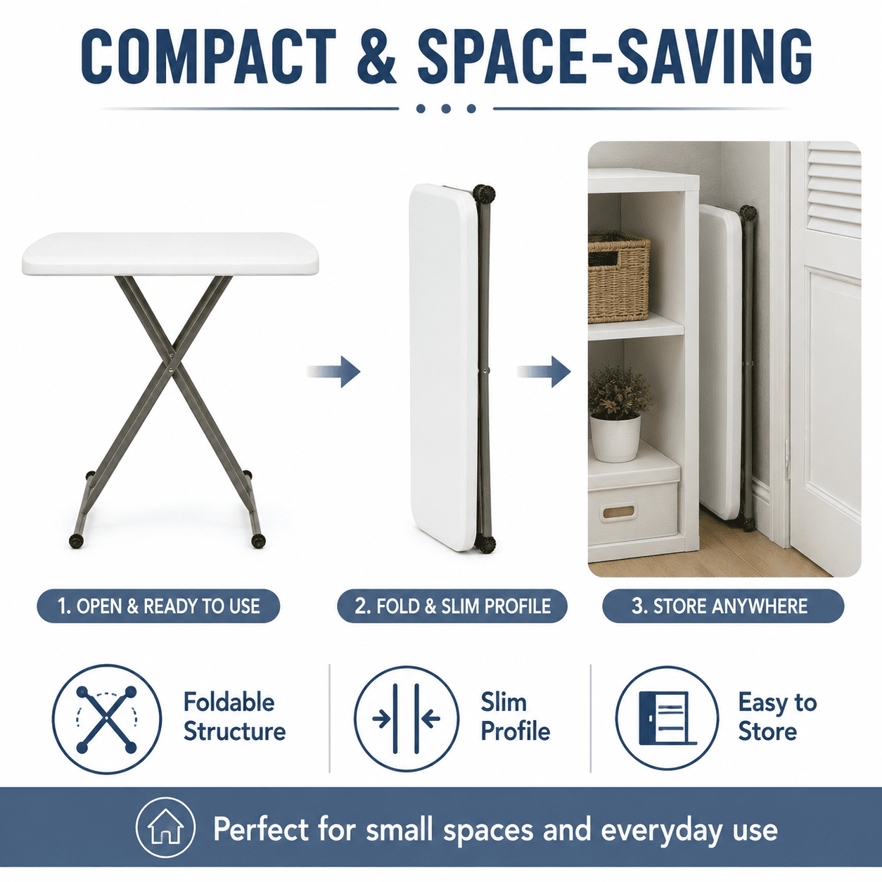 Alvantor Adjustable Folding Table, 30 x 20 in Small HDPE Portable Personal Table with Steel Legs, White Gray, Indoor Outdoor Use