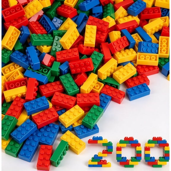 200 Piece Classic Building Bricks, 2x4 Bulk Bricks STEM Creative Building Toys, Red, Yellow, Blue, Green(Samll Bricks, 1.25x0.62x0.47 in)