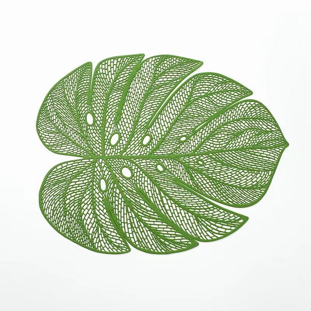 Manteles individuales de vinilo con forma de hoja verde para mesa de cena, manteles individuales verdes de plástico metálico, manteles limpiables para la cena anual de bodas, 45*35cm