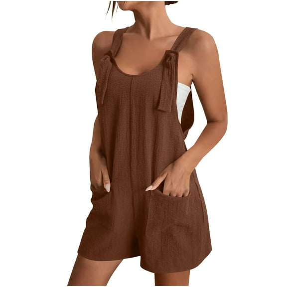 Summer Short Romper for Women Casual Loose Knot Front Sleeveless Jumpsuit with Pockets