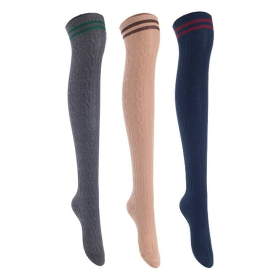 Lian Lifestyle Women's 3 Pairs Incredible Durable Super Soft Unique Over Knee High Thigh High Cotton Socks, Size US 6-9, JMYP1023 Dark Grey,Khaki,Navy
