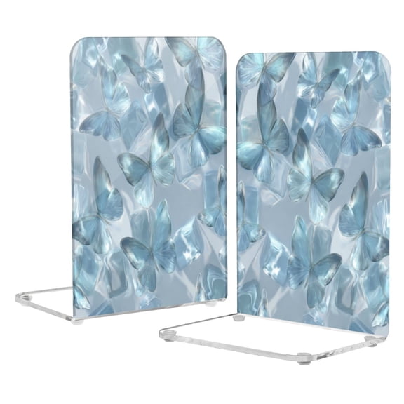 Wobogo Ice Butterfly Acrylic Bookends Clear L-Shaped Book Holder with Non-Slip Pads for Books Files Magazines CD DVD 5.4×4.1×8.1in