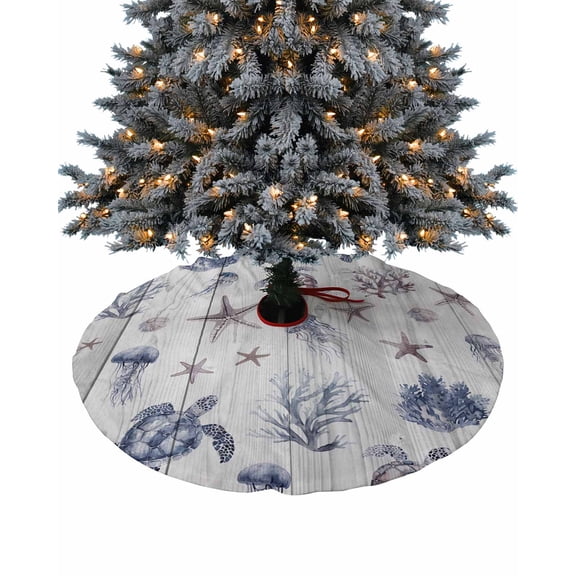 Vintage Coastal Christmas Tree Skirt 36 Inches Large Christmas Skirt Tree, Nautical Summer Beach Sea Turtle Starfish Tree Skirt Christmas Decorations for Fireplace Party Holidays Indoor Outdoor