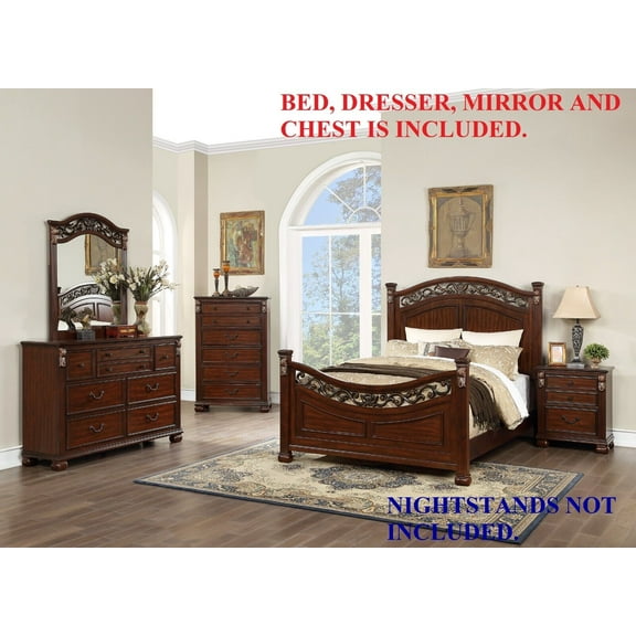 Elegant Traditional Eastern King Bed Dresser Mirror Chest Brown Finish 4pc Set Bedroom Furniture Gorgeous Headboard