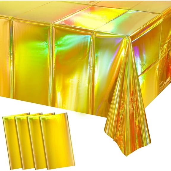 Nvzi-c 4pcs Gold Plastic Tablecloths Shiny Disposable Table Covers Holographic Foil Tablecloth Iridescent Party Decorations Birthday Bridal Wedding Christmas, 53.93 x 107.87 Inch