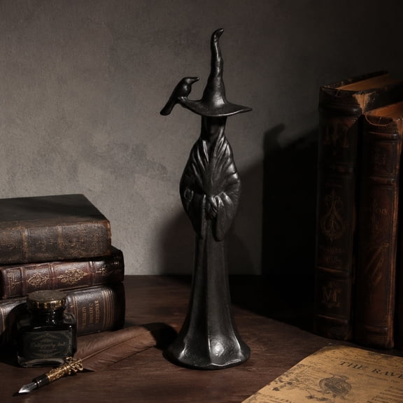 Halloween Decor Faceless Witch Statue with Crow on Hat, Black Resin Whimsigoth Halloween Witch Decor for Home Tabletop Shelf Figurine,10 Inch