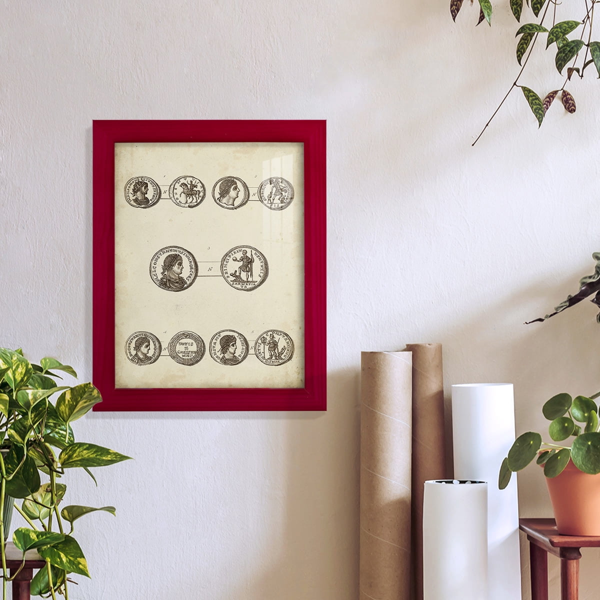 Antique Roman Coins V -Framed Print w/glass-Cherry Red