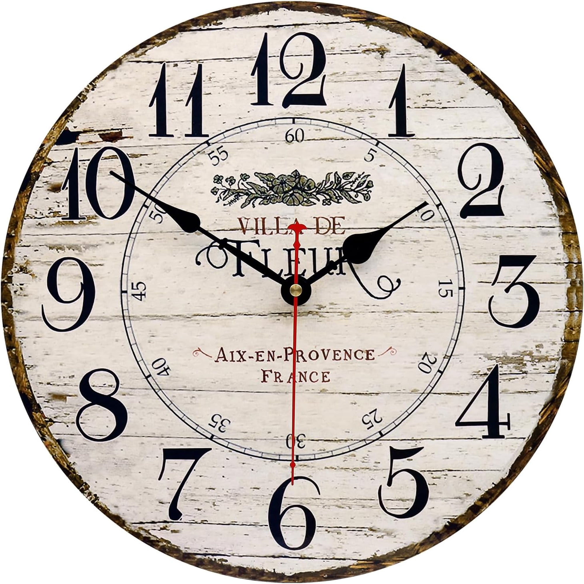 14 Inch Retro Vintage French Country Style Round Wooden Wall Clock Silent Battery Operated Non-Ticking Decorative Clock for Kitchen Farmhouse Bedroom Home Wall