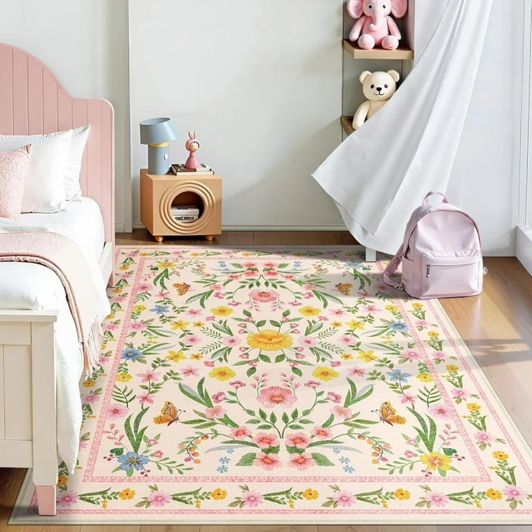 Pink Butterfly Floral Area Rug,Washable Girls Nursery Rug For