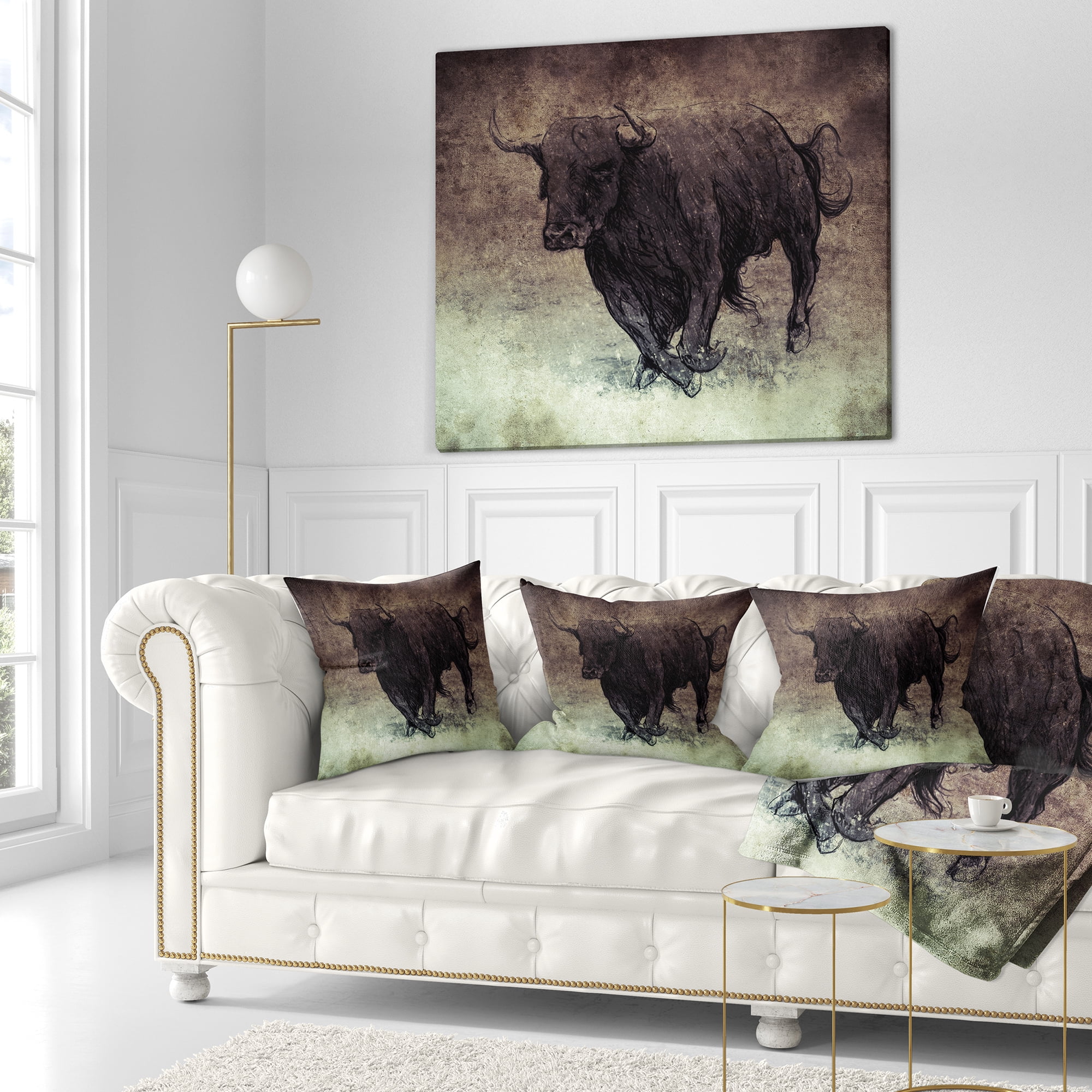 Designart Bull Running on Vintage Paper - Animal Throw Pillow - 16x16