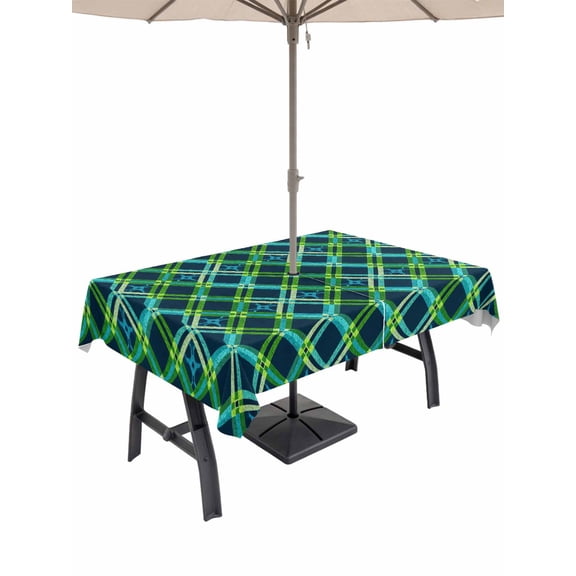 Outdoor Tablecloth with Umbrella Hole for Patio/Picnic/Party/Camping, Vintage Green Waterproof Table Cloth Rectangle Table Cover Washable, Geometric Tartan Plaid Ethnic Farmhouse (52"x 70")